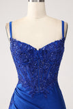 Glitter Royal Blue Mermaid Spaghetti Straps Long Ball Dress with Appliques