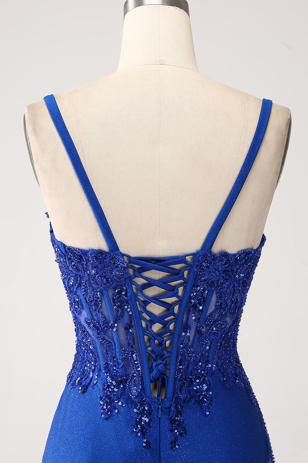 Glitter Royal Blue Mermaid Spaghetti Straps Long Ball Dress with Appliques