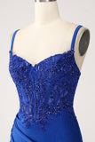 Glitter Royal Blue Mermaid Spaghetti Straps Long Ball Dress with Appliques