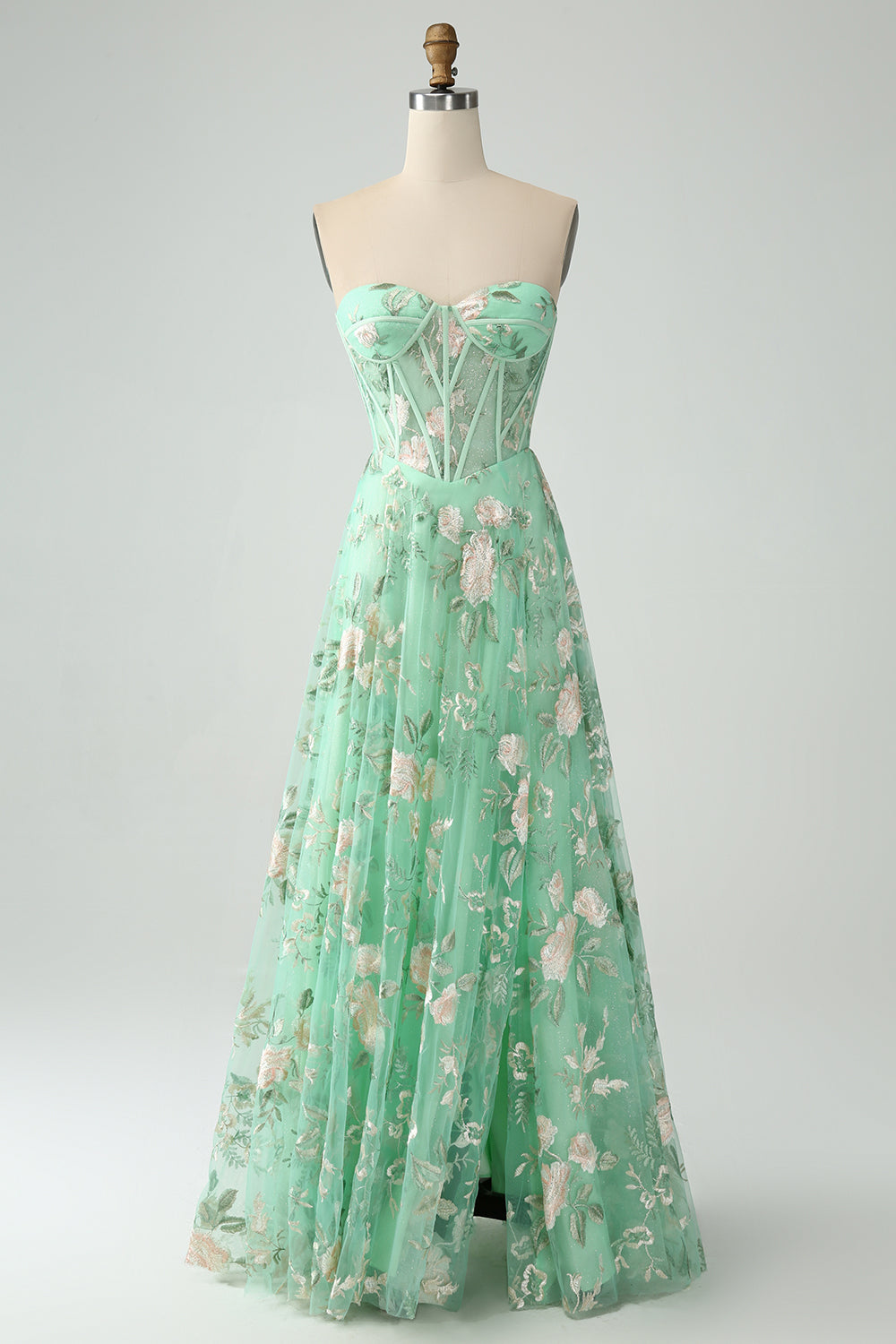 Green A Line Sweetheart Printed Corset Ball Dress with Slit