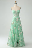 Green A Line Sweetheart Printed Corset Ball Dress with Slit
