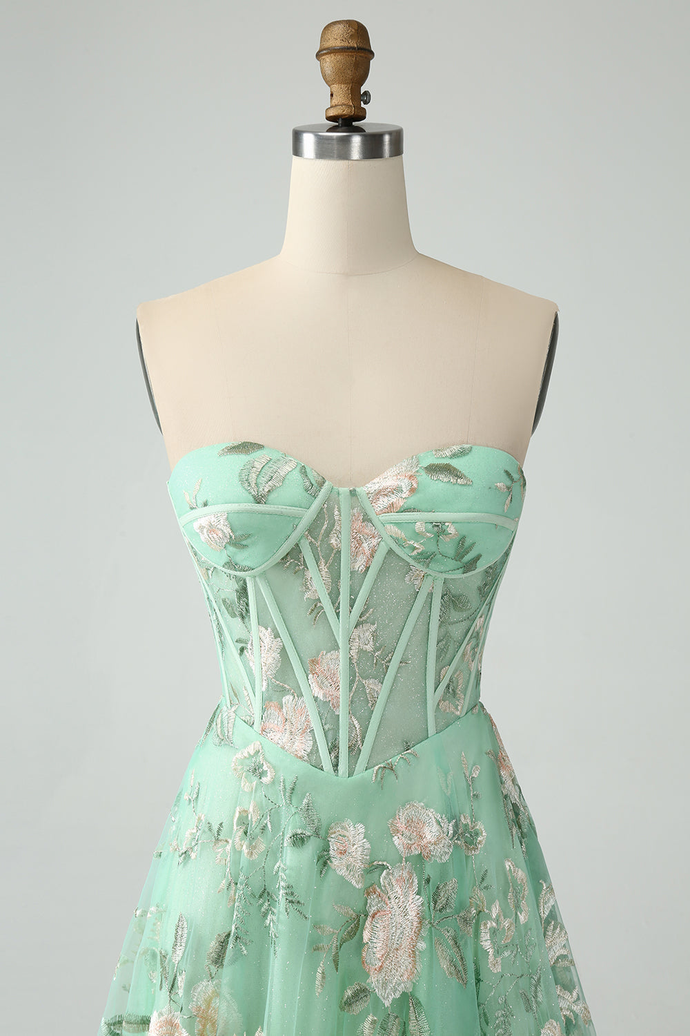 Green A Line Sweetheart Printed Corset Ball Dress with Slit
