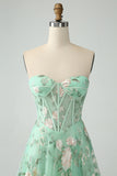 Green A Line Sweetheart Printed Corset Ball Dress with Slit