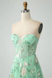 Green A Line Sweetheart Printed Corset Ball Dress with Slit