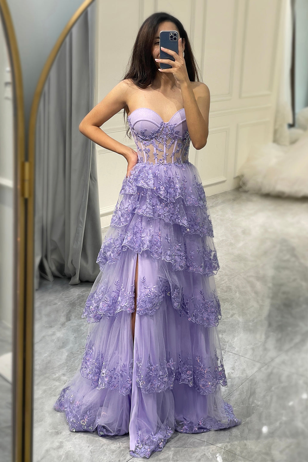 Lavender Strapless Tiered Tulle Corset Ball Dress with Appliques