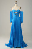 A Line Off the Shoulder Blue Long Ball Dress With Beading