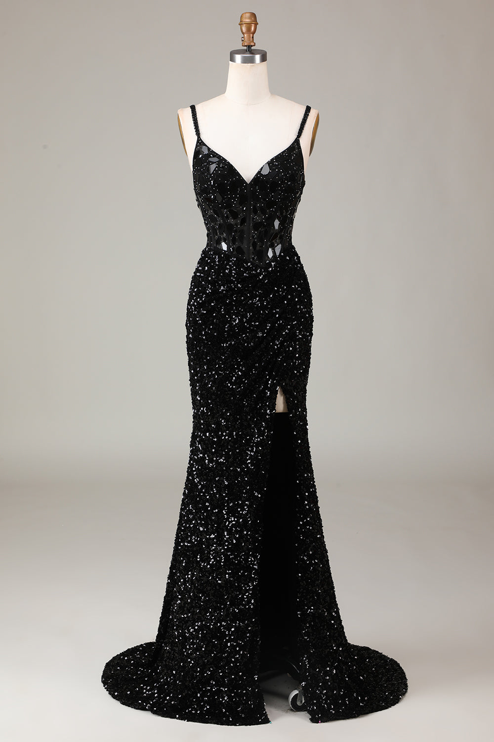 Glitter Mirror Sequins Black Corset Ball Dress with Slit