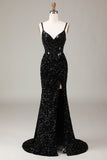Glitter Mirror Sequins Black Corset Ball Dress with Slit