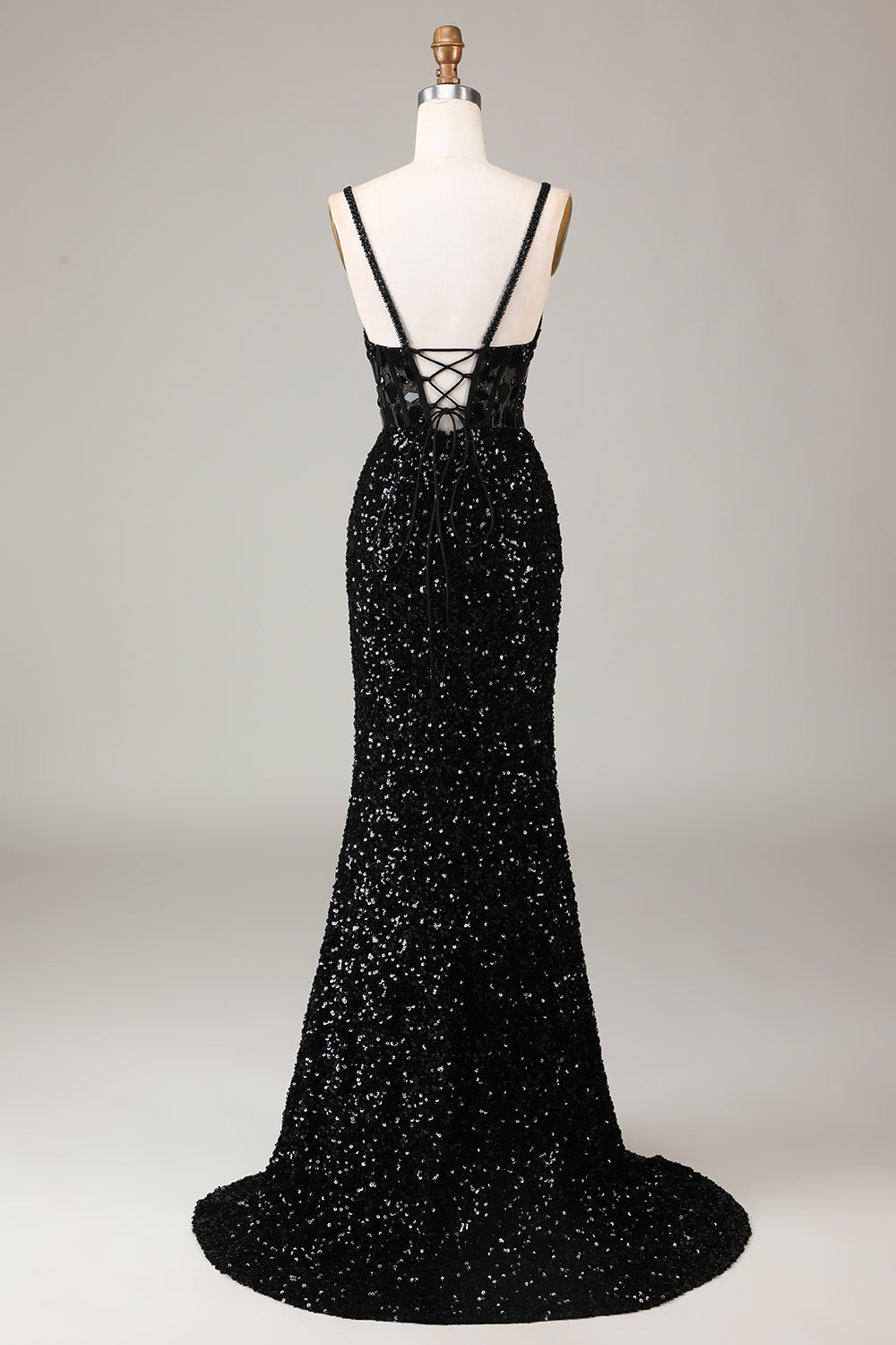 Glitter Mirror Sequins Black Corset Ball Dress with Slit
