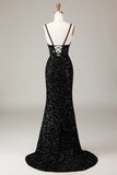 Glitter Mirror Sequins Black Corset Ball Dress with Slit
