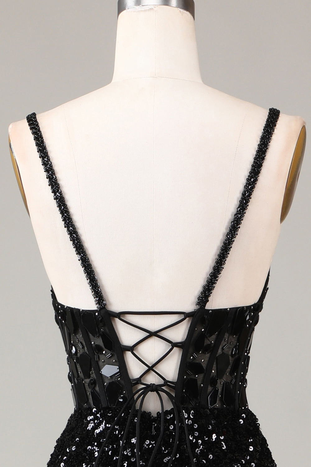 Glitter Mirror Sequins Black Corset Ball Dress with Slit