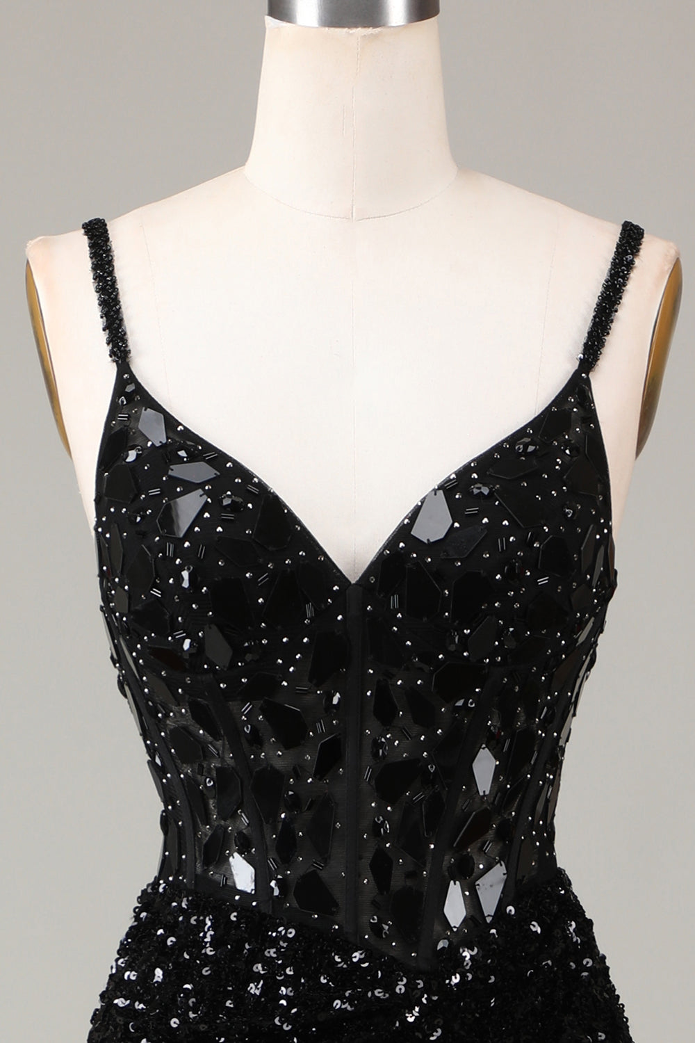 Glitter Mirror Sequins Black Corset Ball Dress with Slit