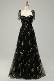 Black A Line Long Ball Dress With Embroidered Floral