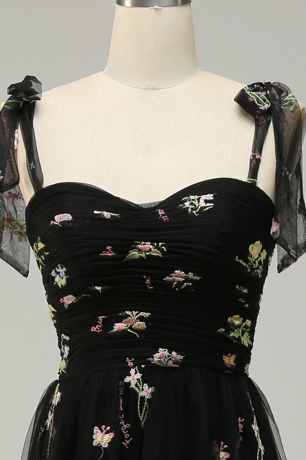 Black A Line  Long Ball Dress With Embroidered Floral