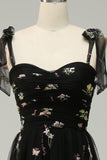 Black A Line  Long Ball Dress With Embroidered Floral