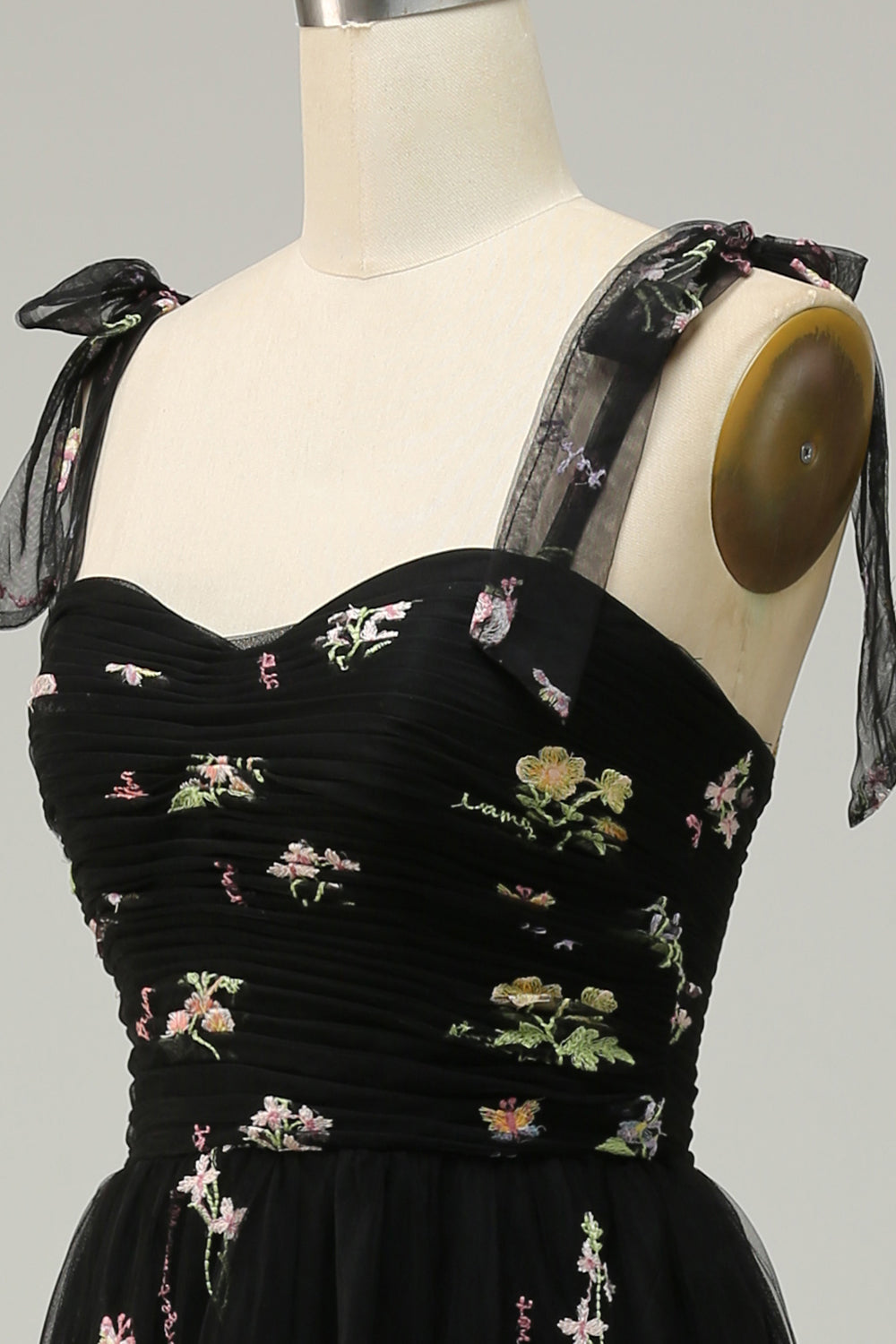 Black A Line  Long Ball Dress With Embroidered Floral
