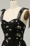 Black A Line  Long Ball Dress With Embroidered Floral