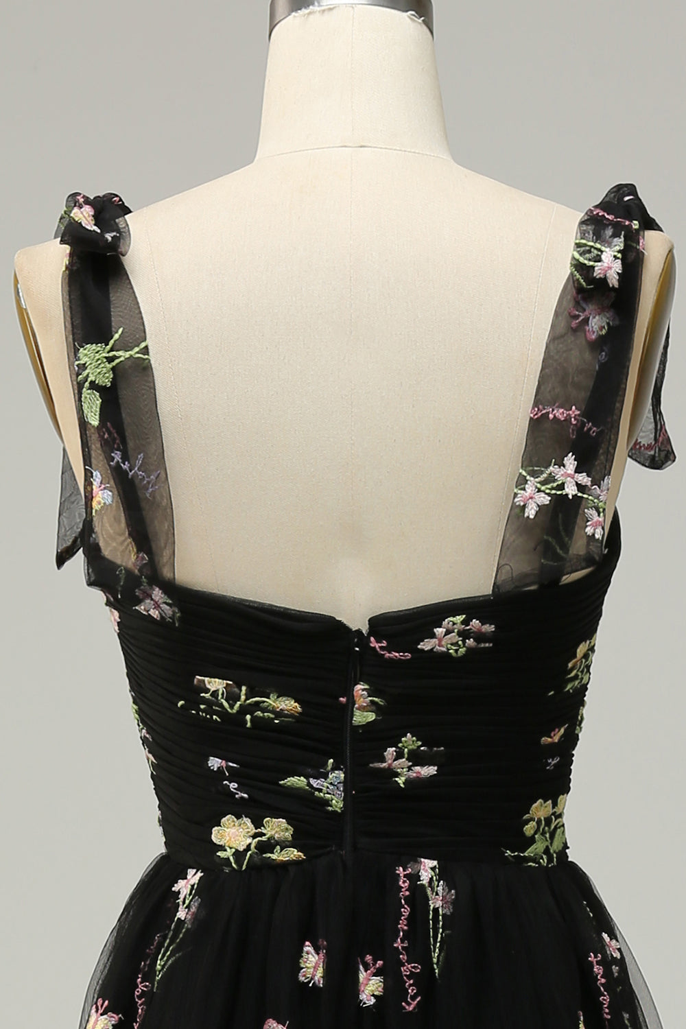 Black A Line  Long Ball Dress With Embroidered Floral