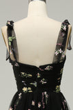 Black A Line  Long Ball Dress With Embroidered Floral