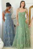 Black A Line  Long Ball Dress With Embroidered Floral
