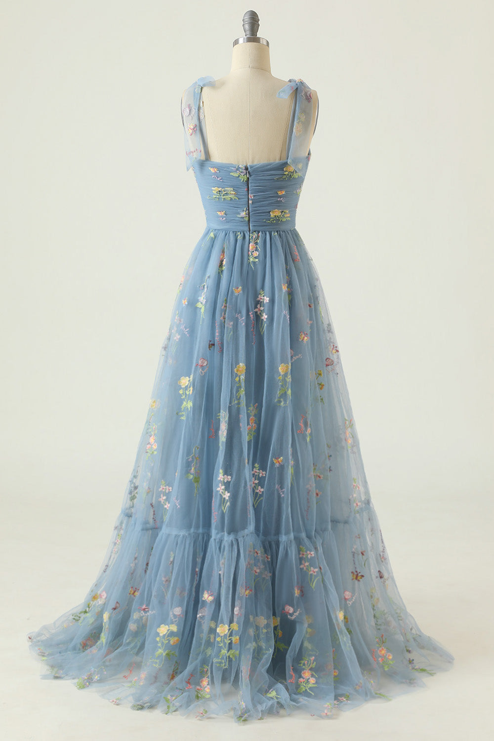 Black A Line  Long Ball Dress With Embroidered Floral
