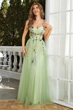 Green A Line Spaghetti Straps Tulle Ball Dress With 3D Flowers