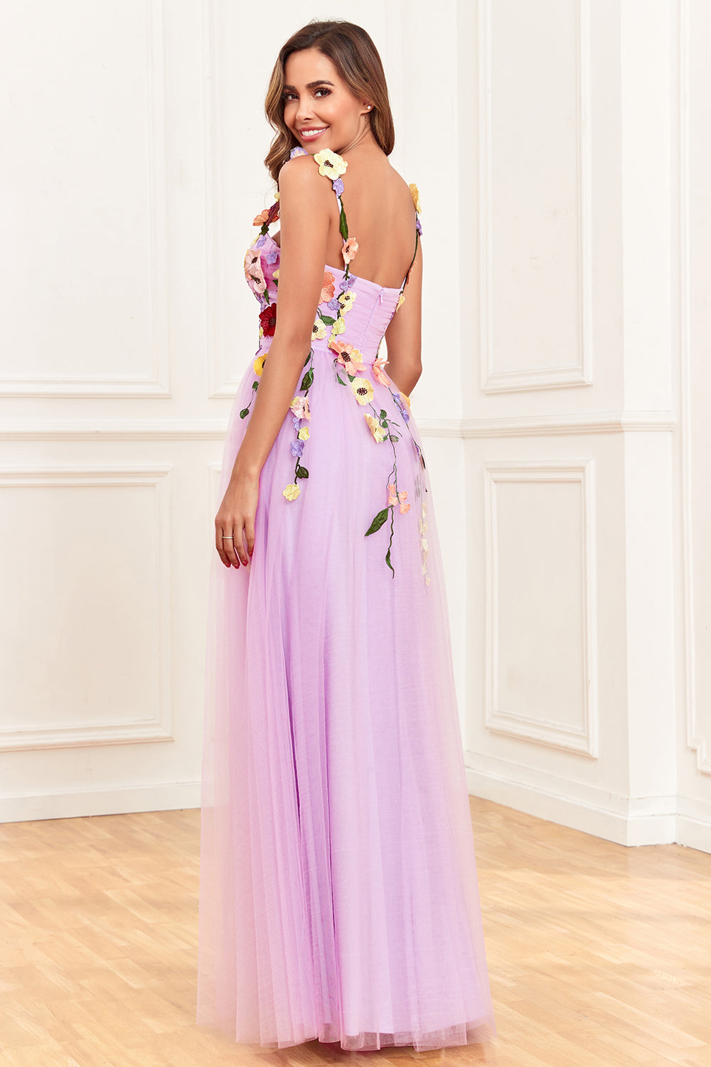 Green A Line Spaghetti Straps Tulle Ball Dress With 3D Flowers