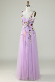 A Line Purple Spaghetti Straps Ball Dress With 3D Flowers