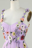 A Line Purple Spaghetti Straps Ball Dress With 3D Flowers