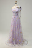 A-Line Grey Blue Long Ball Dress With Embroidery