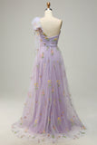 A-Line Grey Blue Long Ball Dress With Embroidery