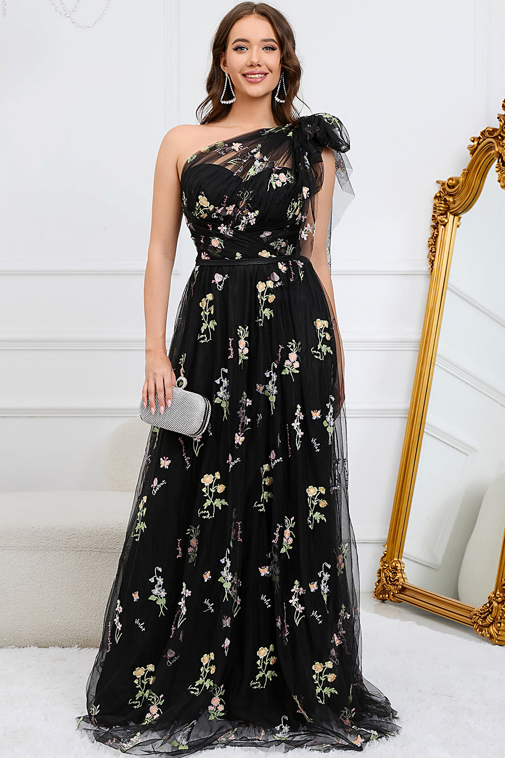 A-Line One Shoulder Black Long Ball Dress With Embroidery