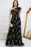 A-Line One Shoulder Black Long Ball Dress With Embroidery