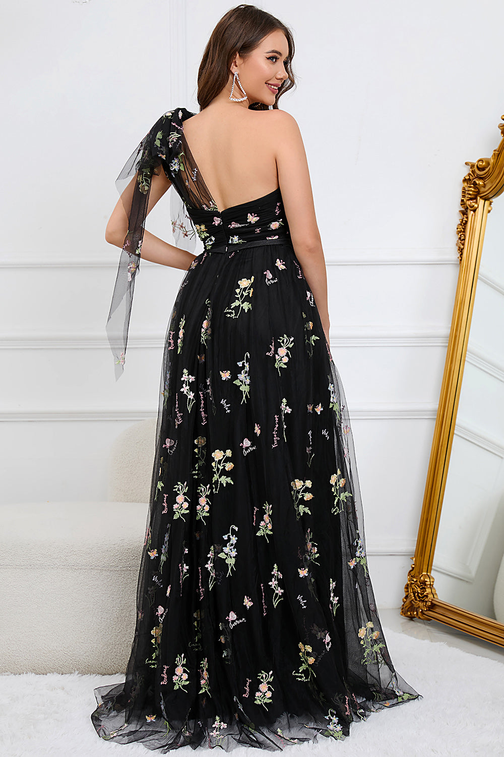A-Line One Shoulder Black Long Ball Dress With Embroidery