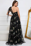 A-Line One Shoulder Black Long Ball Dress With Embroidery