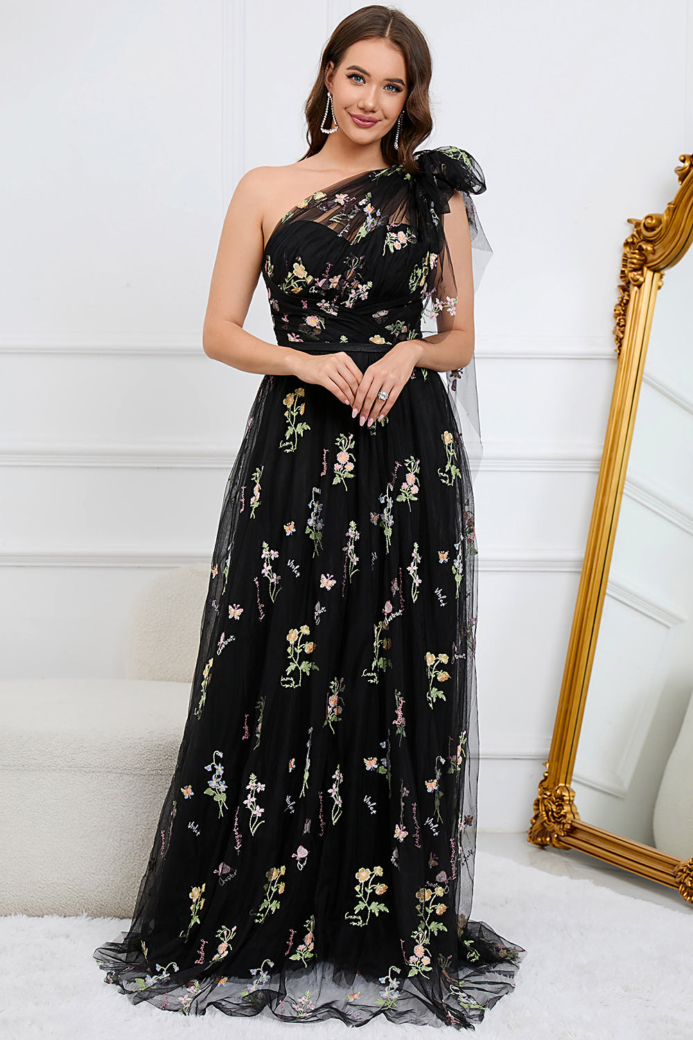 A-Line One Shoulder Black Long Ball Dress With Embroidery