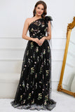 A-Line One Shoulder Black Long Ball Dress With Embroidery