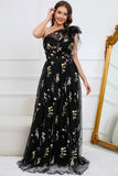 A-Line One Shoulder Black Long Ball Dress With Embroidery