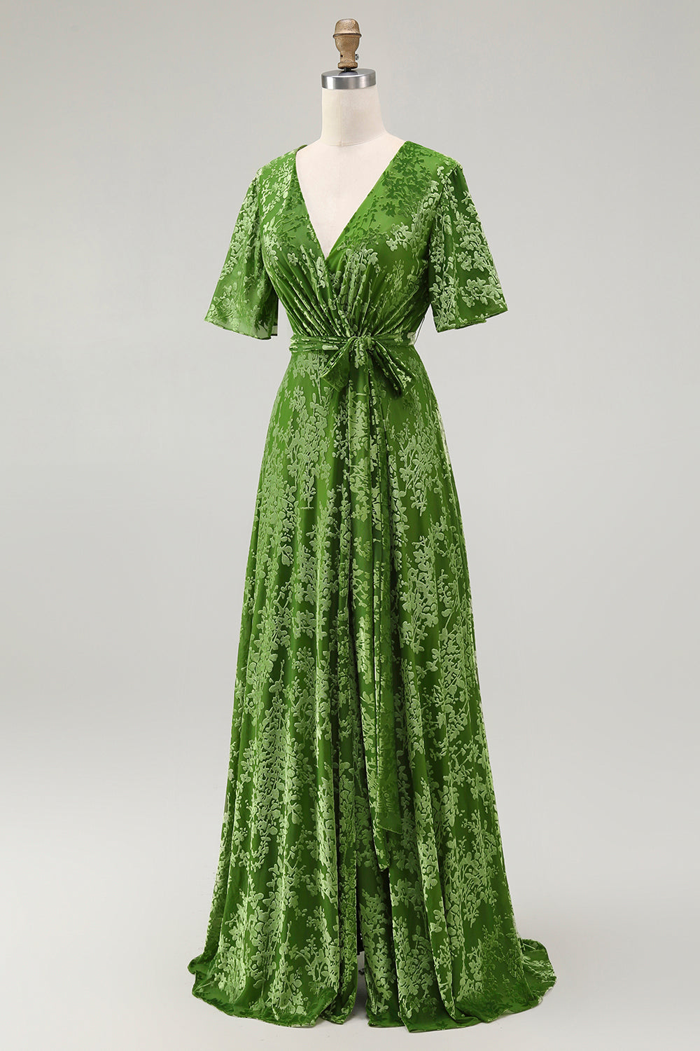 Dark Green A Line Burnout Velvet Long Prom Dress with Short Sleeves