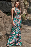 Flower Print Mermaid Halter Satin Ball Dress