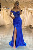 Royal Blue Beaded Corset Prom Dress with Slit