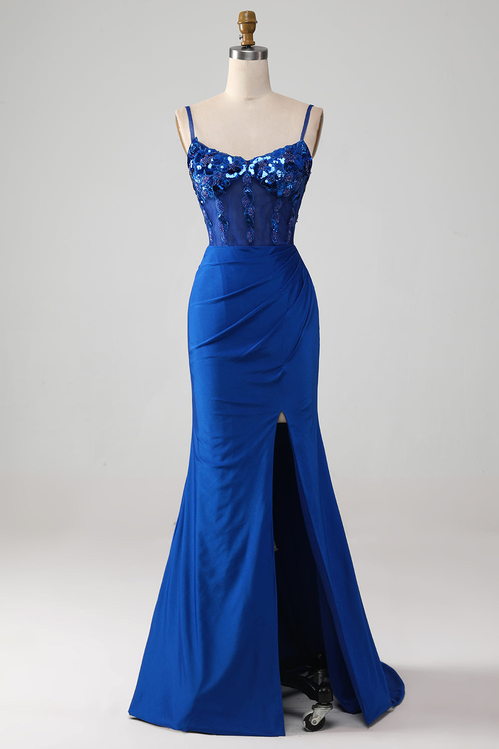 Royal Blue Beaded Corset Prom Dress with Slit