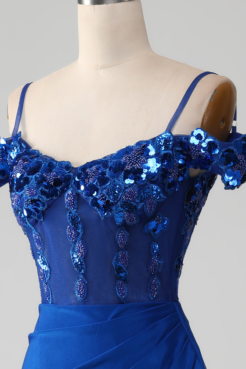 Royal Blue Beaded Corset Prom Dress with Slit