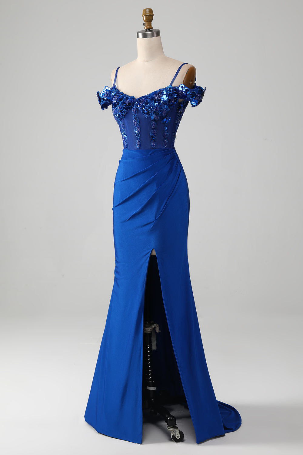 Royal Blue Beaded Corset Prom Dress with Slit