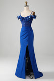 Royal Blue Beaded Corset Prom Dress with Slit