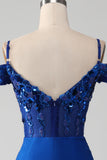 Royal Blue Beaded Corset Prom Dress with Slit