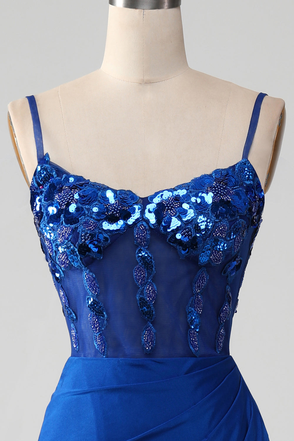 Royal Blue Beaded Corset Prom Dress with Slit