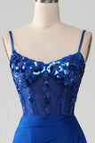 Royal Blue Beaded Corset Prom Dress with Slit