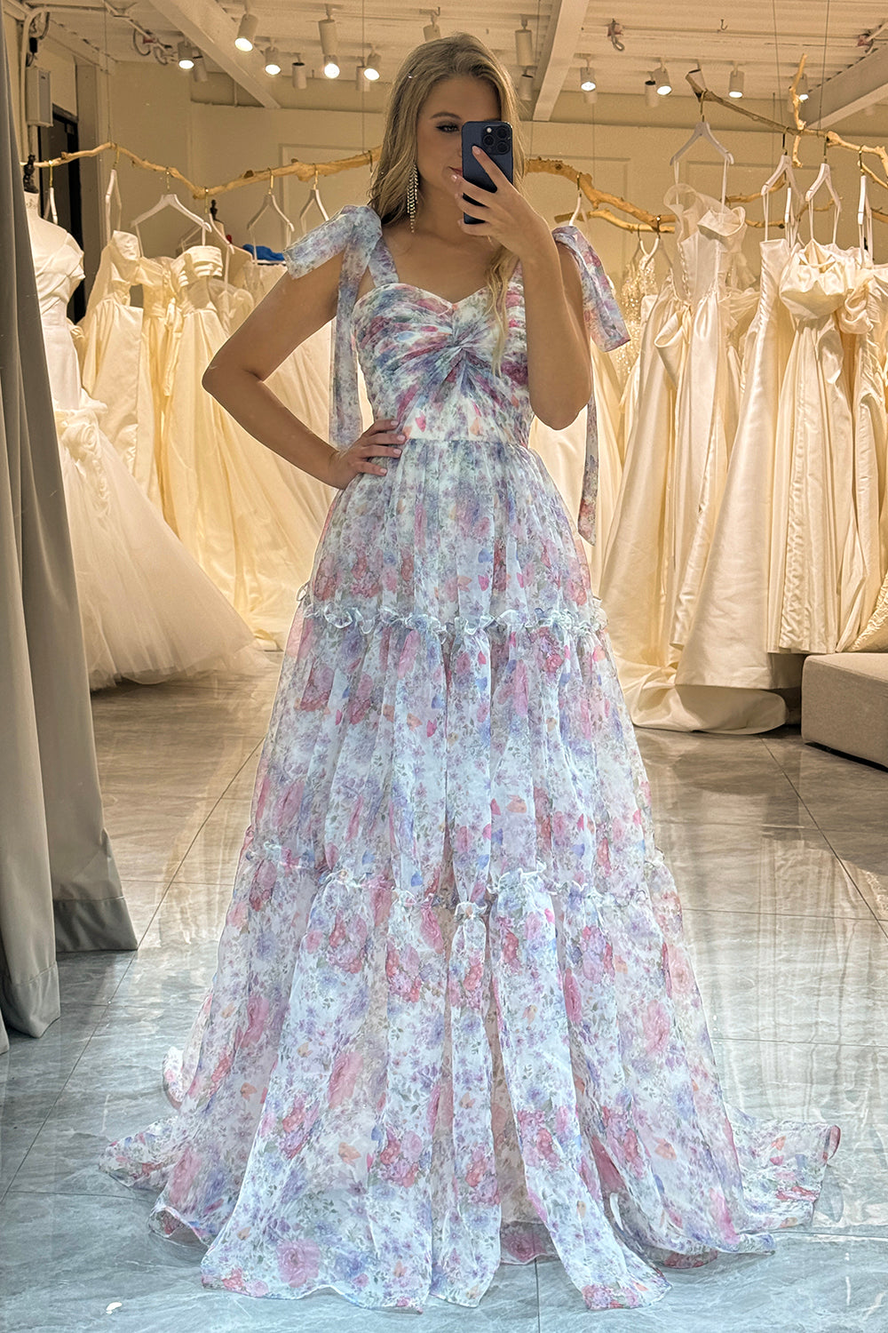 A-Line Spaghetti Straps Flower Printed Long Ball Dress