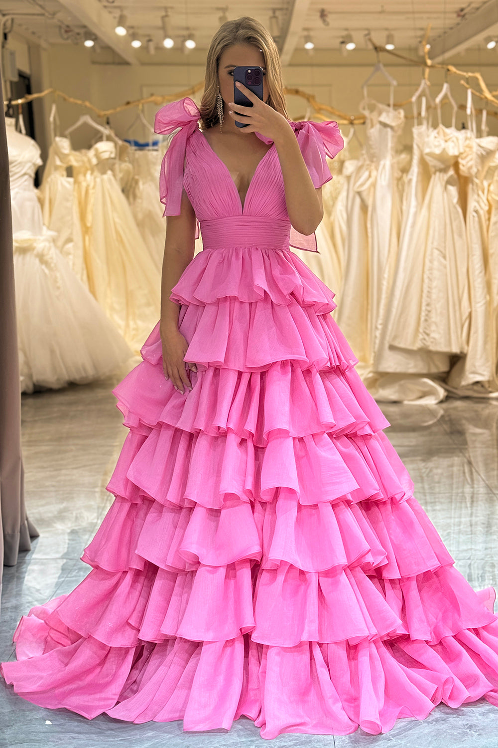 Princess A-Line V-Neck Fuchsia Ball Dress With Slit